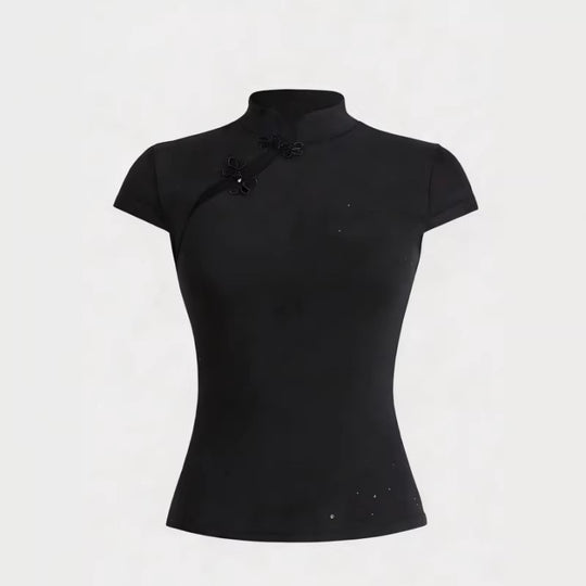 Damen Chinesisch inspirierte Bluse mit modernem Stehkragen und floralen Details R&B