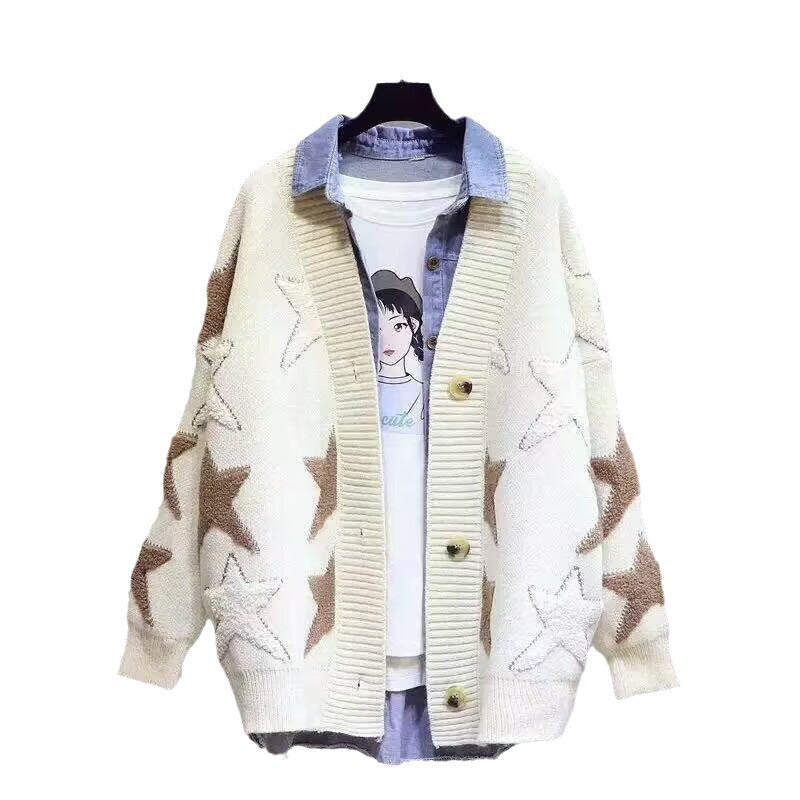 Damen Grobstrick-Cardigan mit Sternenmuster und tiefem V-Ausschnitt R&B