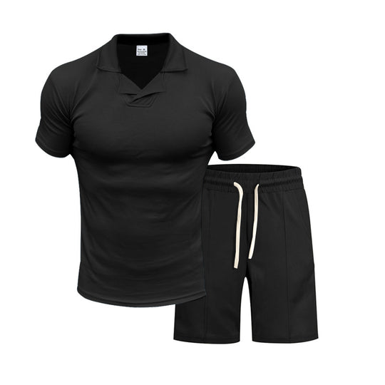 Herren nan kurzärmeliges Polo-Lounge-Set mit V-Einsatz am Kragen und Kordelzug-Bermuda R&B