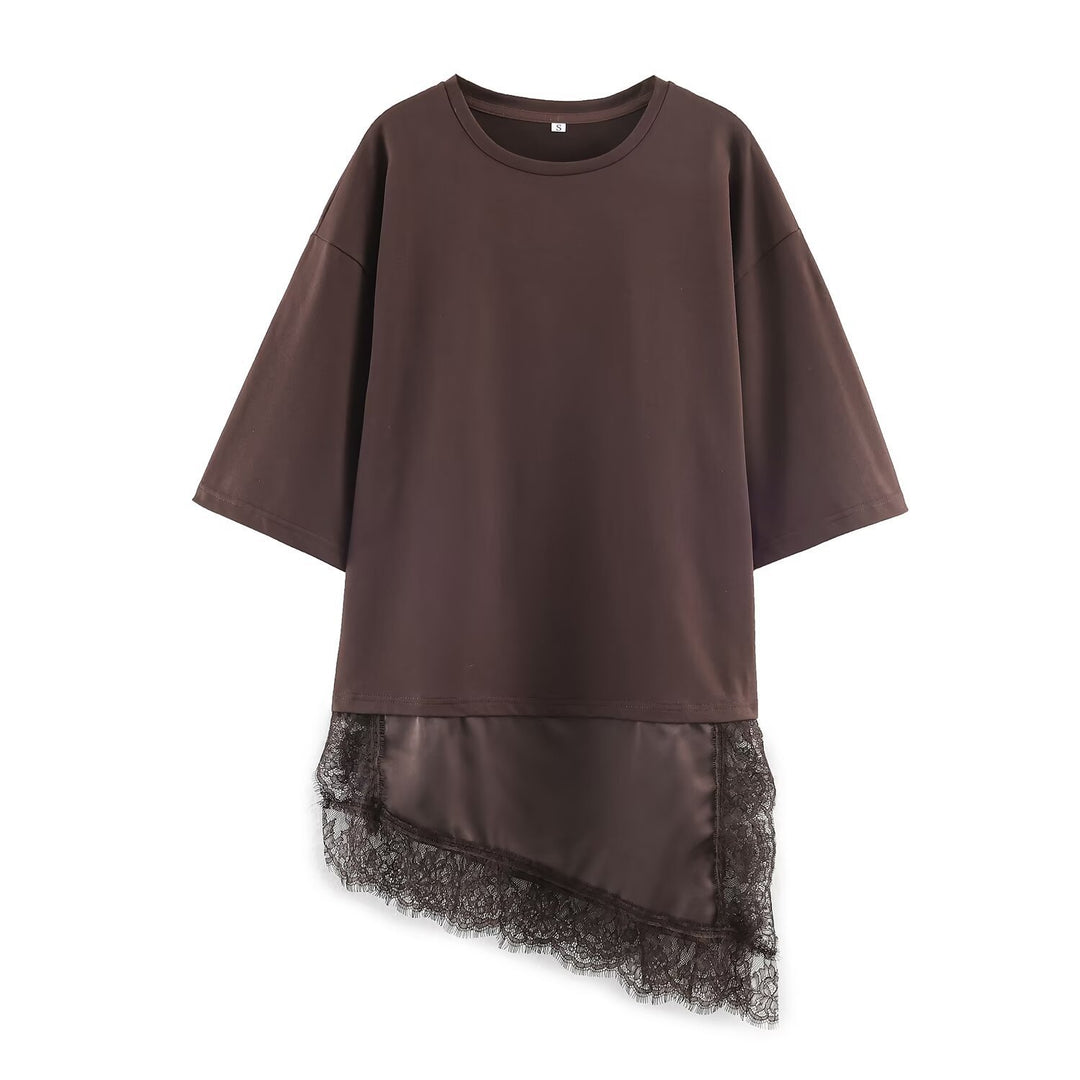 Damen asymmetrisches T-Shirt mit Spitzenbesatz R&B