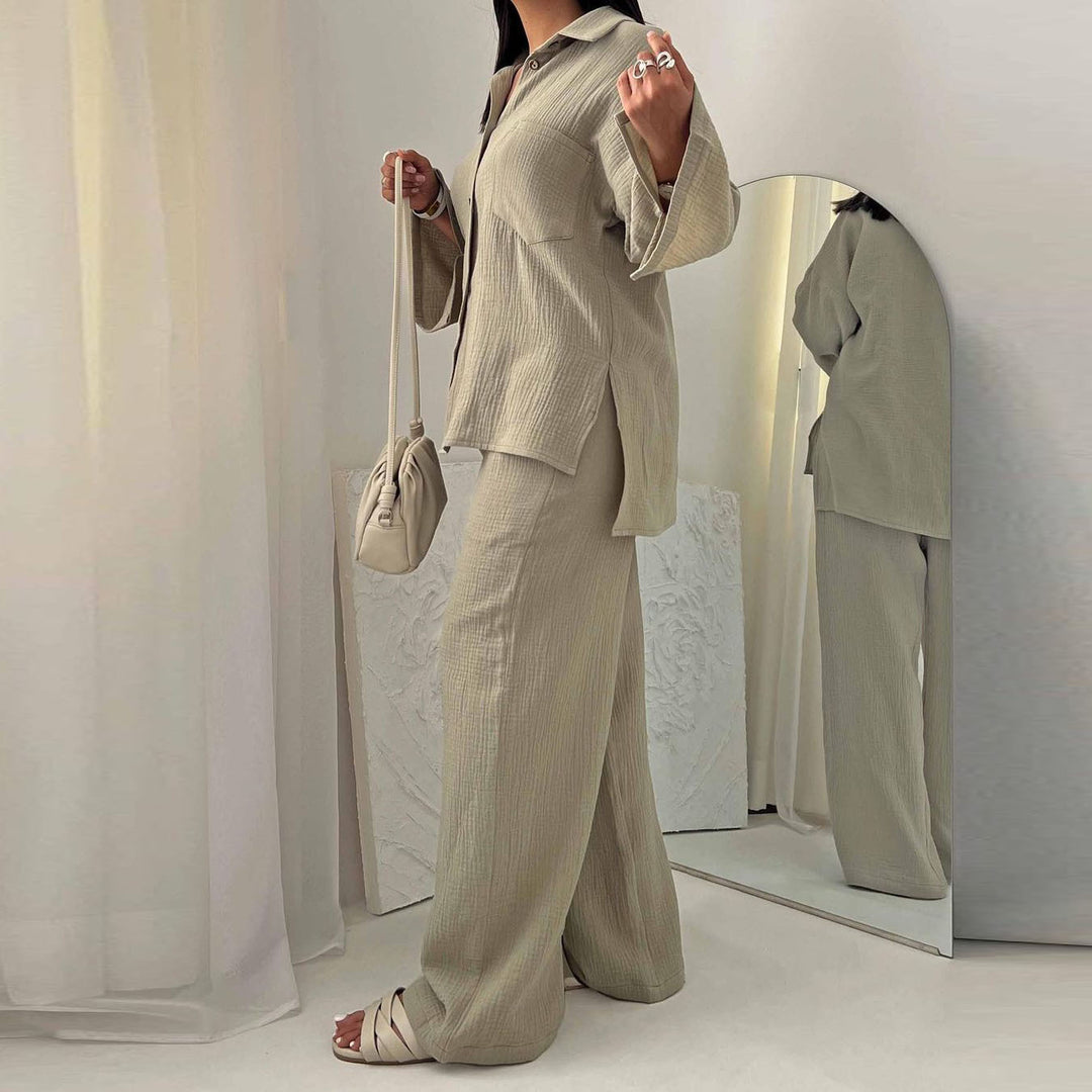 Damen bequeme und stilvolle Blusen-Hosen-Kombination mit eleganter Struktur R&B