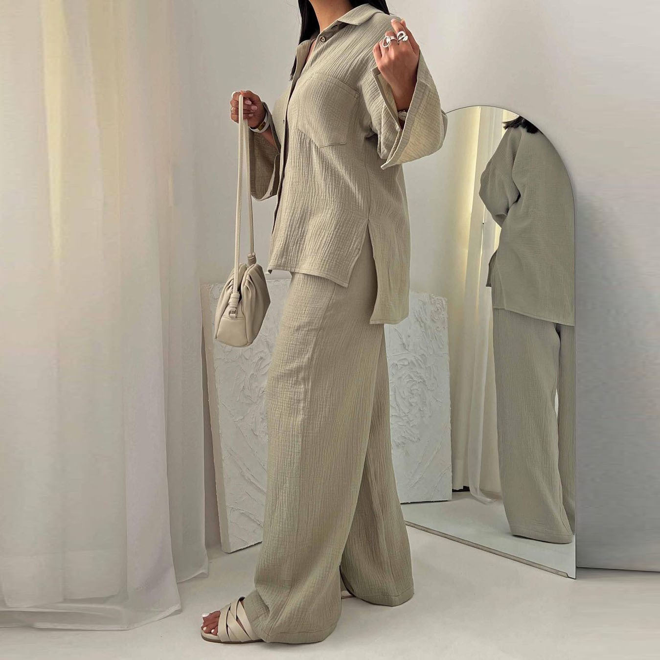 Damen bequeme und stilvolle Blusen-Hosen-Kombination mit eleganter Struktur R&B