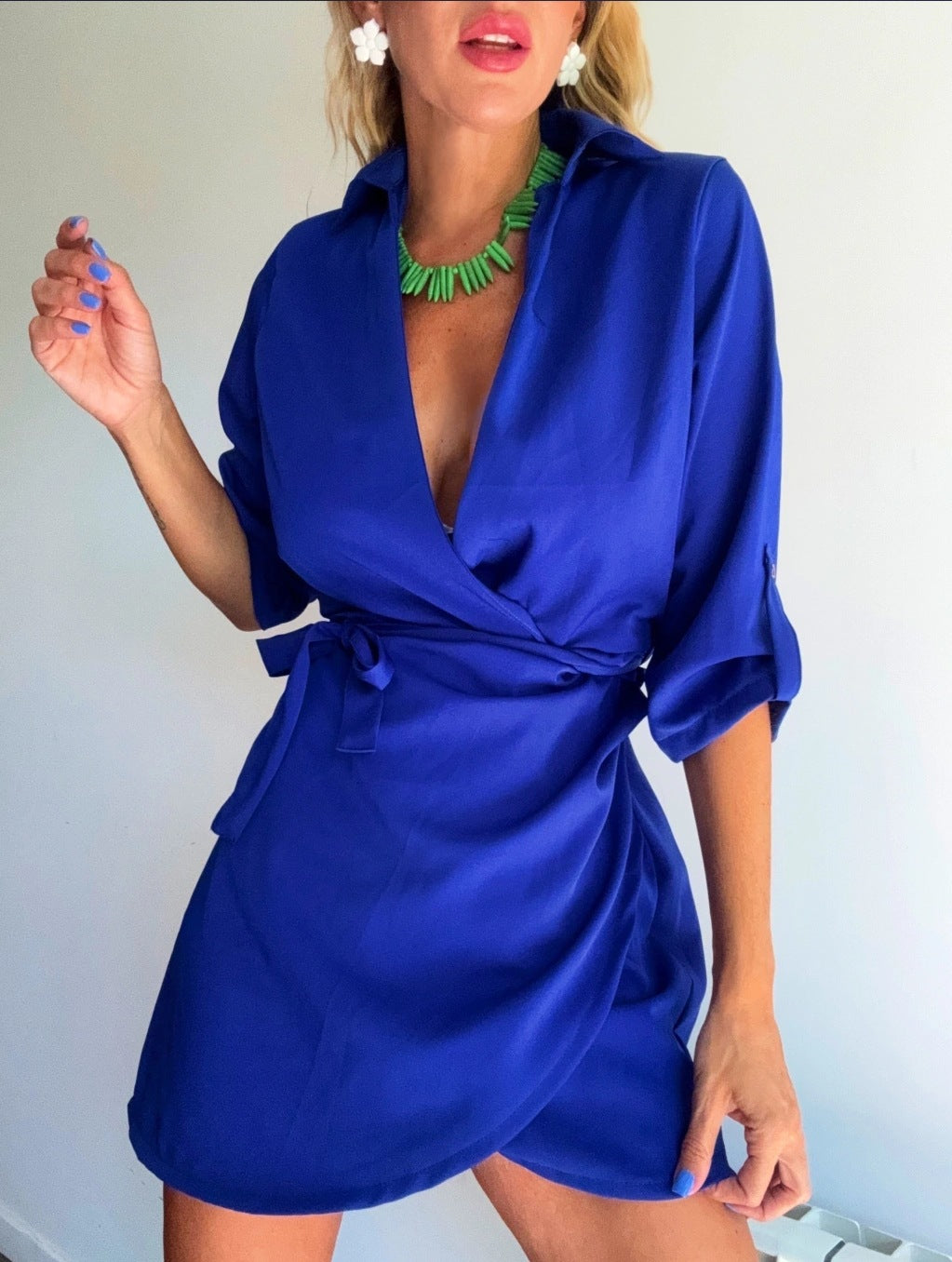Damen Wickelkleid mit tiefem V-Ausschnitt und Taillengürtel R&B