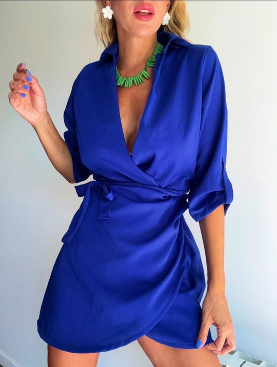 Damen Wickelkleid mit tiefem V-Ausschnitt und Taillengürtel R&B
