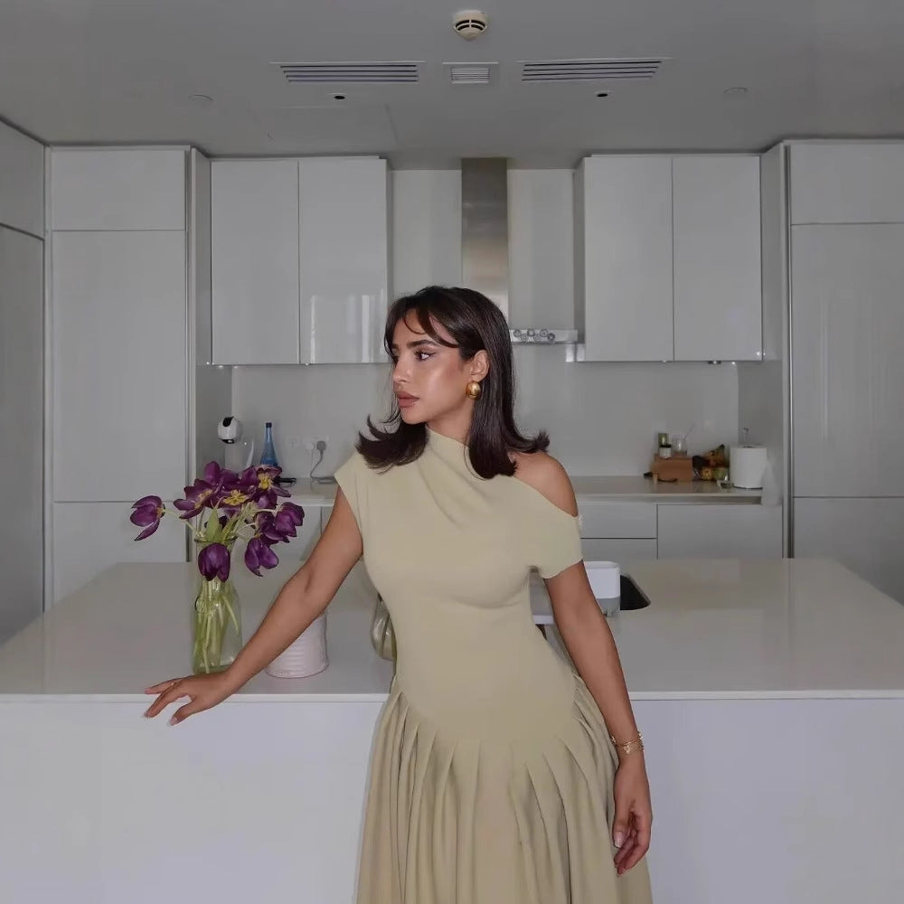 Damen Midi-Kleid mit elegantem Faltenrock und offenkantigem Ausschnitt R&B