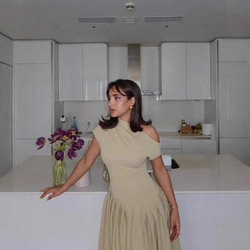 Damen Midi-Kleid mit elegantem Faltenrock und offenkantigem Ausschnitt R&B