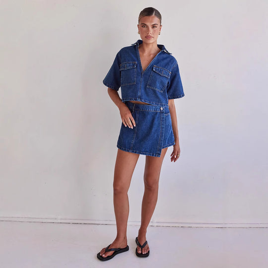 Damen Denim-Kurzjacke mit passendem Rock im lässigen Stil R&B