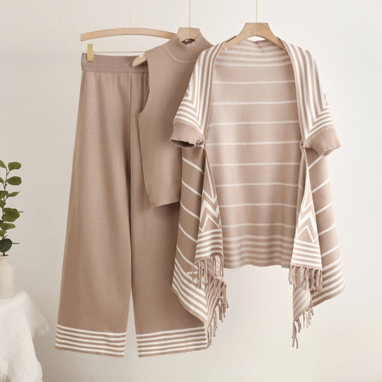 Damen elegantes Strick-Kombinationsset mit hochgeschlossenem Oberteil und weiten Hosen R&B