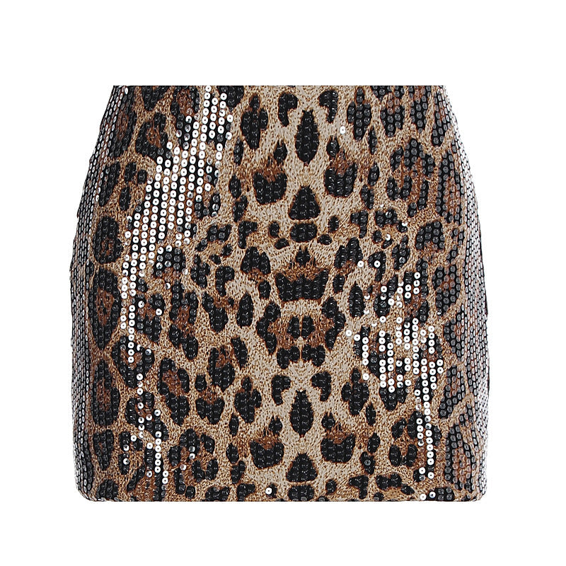 Damen Glitzernder Minirock mit Leopardenmuster und Paillettenbesatz R&B