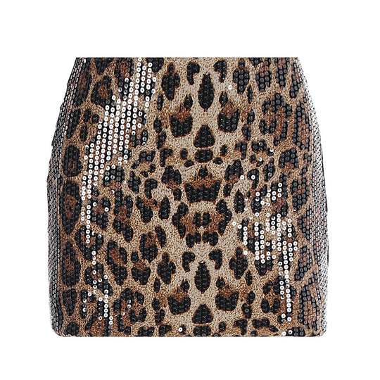 Damen Glitzernder Minirock mit Leopardenmuster und Paillettenbesatz R&B