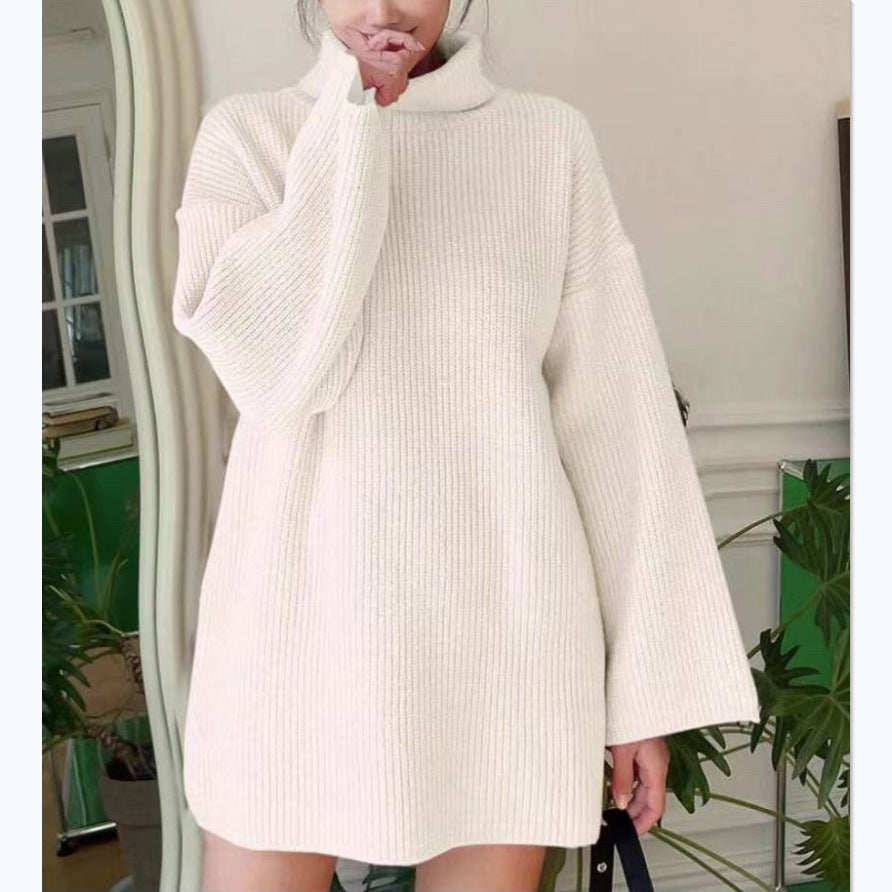 Damen Langer Strickpullover mit hohem Kragen und weit ausgestellten Ärmeln R&B