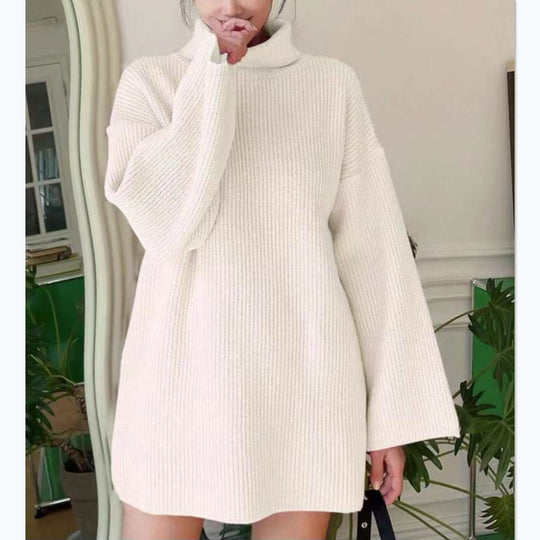 Damen Langer Strickpullover mit hohem Kragen und weit ausgestellten Ärmeln R&B
