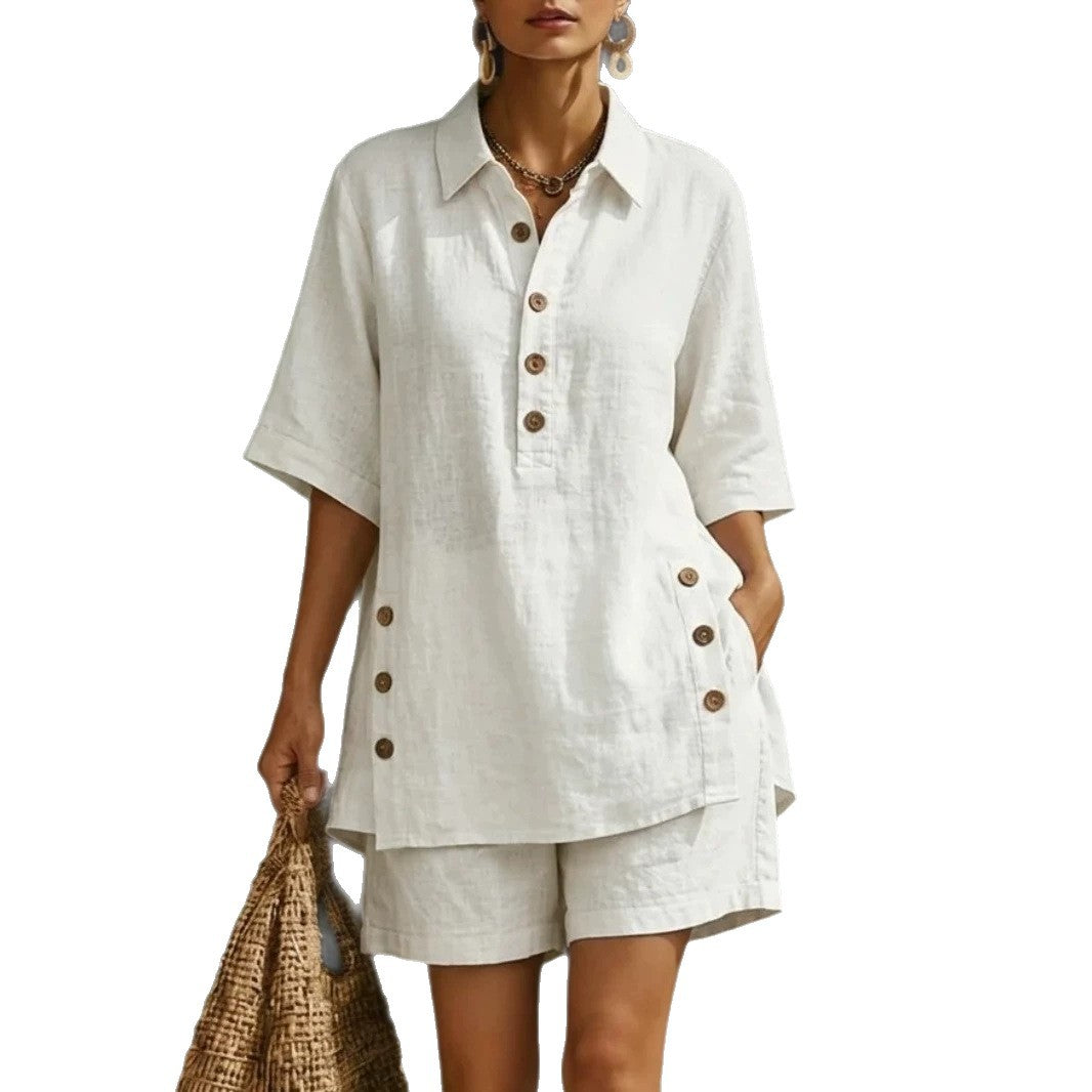 Damen nan luftiges Leinenoptik-Zweiteiler mit Oversize-Hemdbluse, Knopfleiste und Bermuda-Shorts R&B