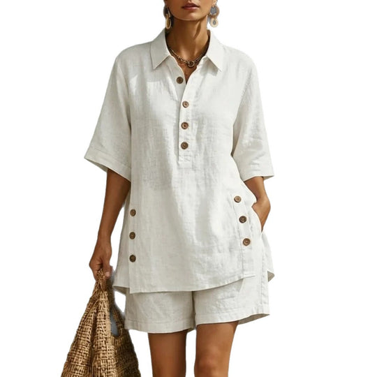 Damen nan luftiges Leinenoptik-Zweiteiler mit Oversize-Hemdbluse, Knopfleiste und Bermuda-Shorts R&B