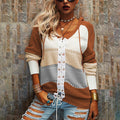 Damen Grobstrick Pullover mit Kapuze und modischem Linienmuster R&B