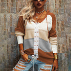 Damen Grobstrick Pullover mit Kapuze und modischem Linienmuster R&B