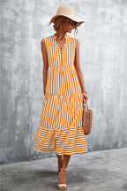 Damen Maxikleid mit gestreiftem Design, durchgehendem Knopfverschluss und voluminösem Saum R&B