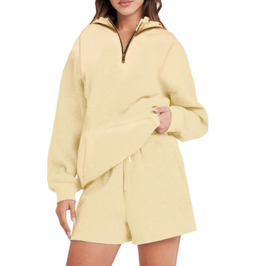 Damen Lässiger Kapuzenpullover mit kurzem Reißverschluss und praktischen Taschen R&B