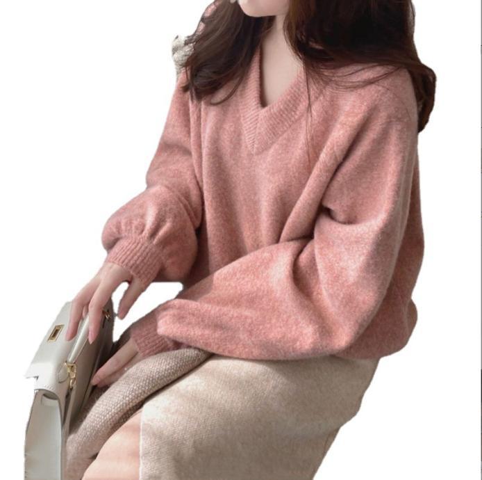 Damen Grobstrickpullover mit tiefem V-Ausschnitt und voluminösen Ärmeln R&B