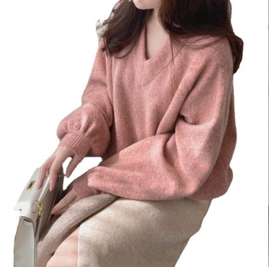 Damen Grobstrickpullover mit tiefem V-Ausschnitt und voluminösen Ärmeln R&B