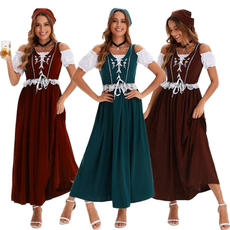 Damen nan langes Trachtenkleid im Dirndlstil mit Corsage-Schnürung und Spitzenbund R&B