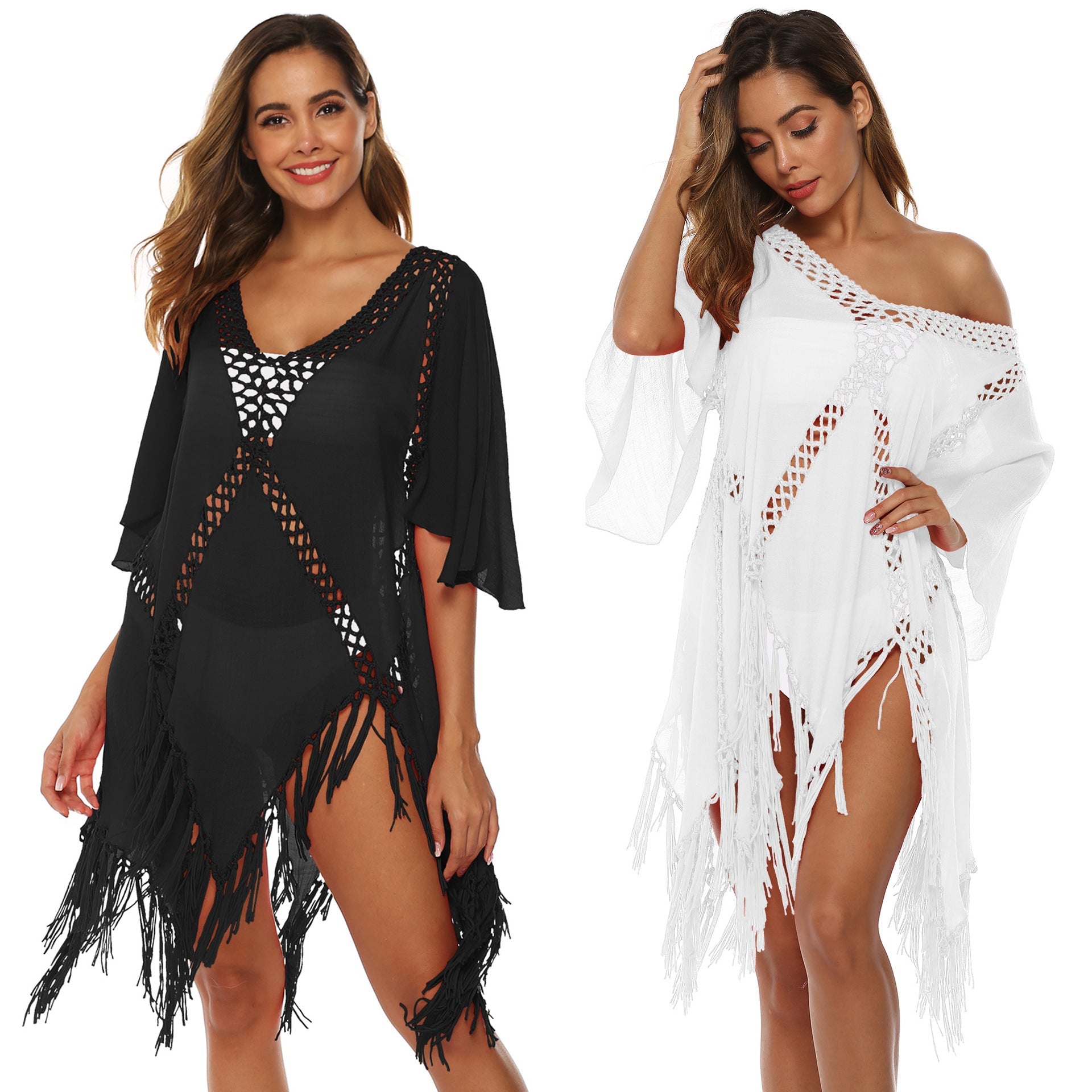 Damen eleganter Häkel-Strandüberwurf mit Fransen R&B