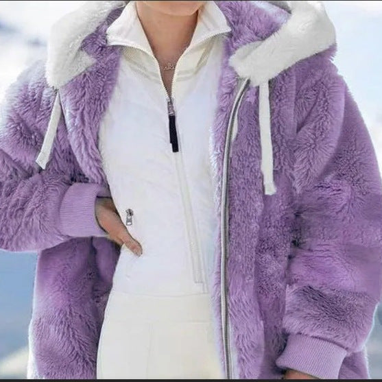 Damen Kuschelige Kunstpelzjacke mit Kapuze R&B