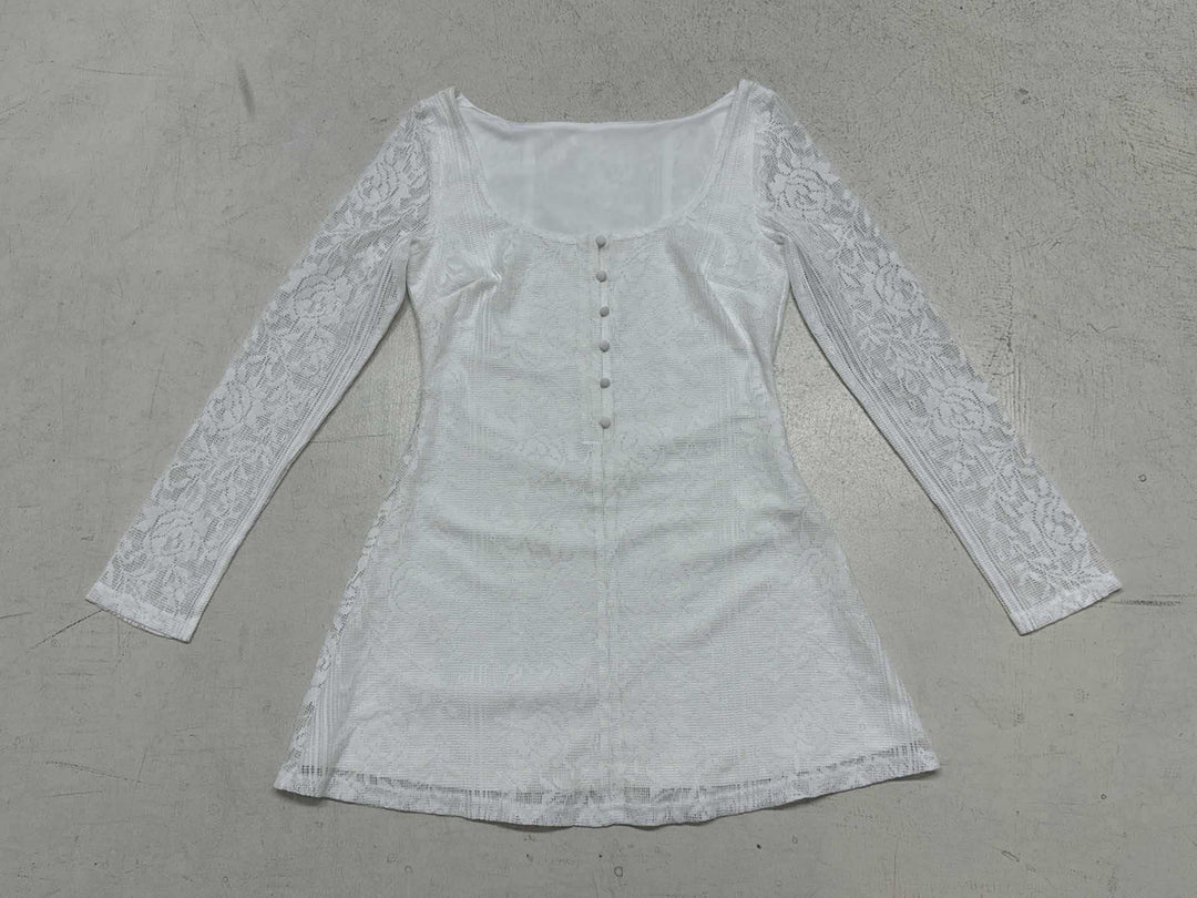 Damen Spitzenkleid mit Knopfleiste und langen Ärmeln R&B