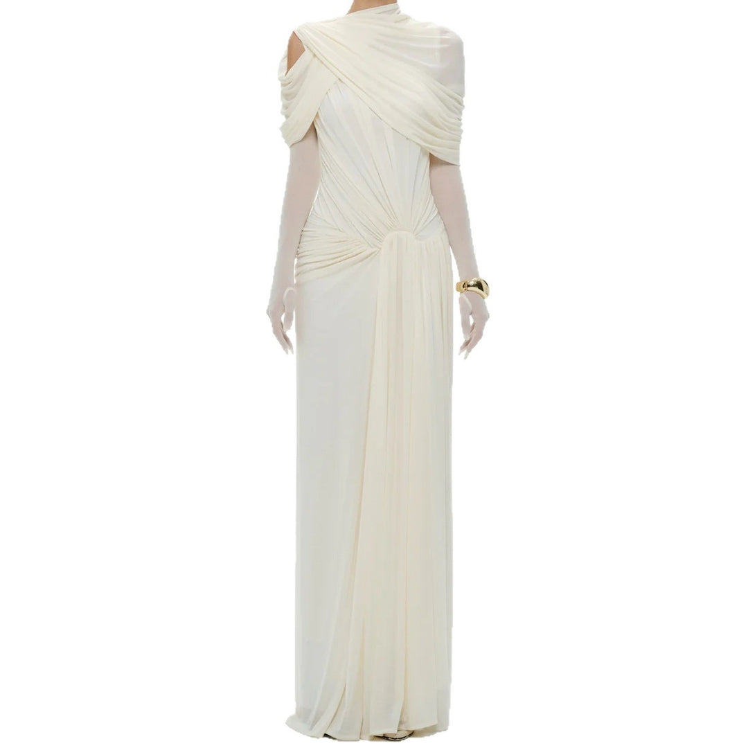 Damen elegantes Maxikleid mit innovativen Drapierungsdetails und asymmetrischem Oberteil R&B