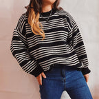 Damen lässiger Strickpullover mit breiten Streifen und überschnittenen Schultern R&B
