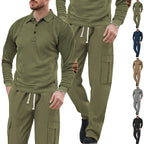 Herren nan geripptes Lounge-Set mit Polokragen Ellenbogenpatches und Cargohose R&B