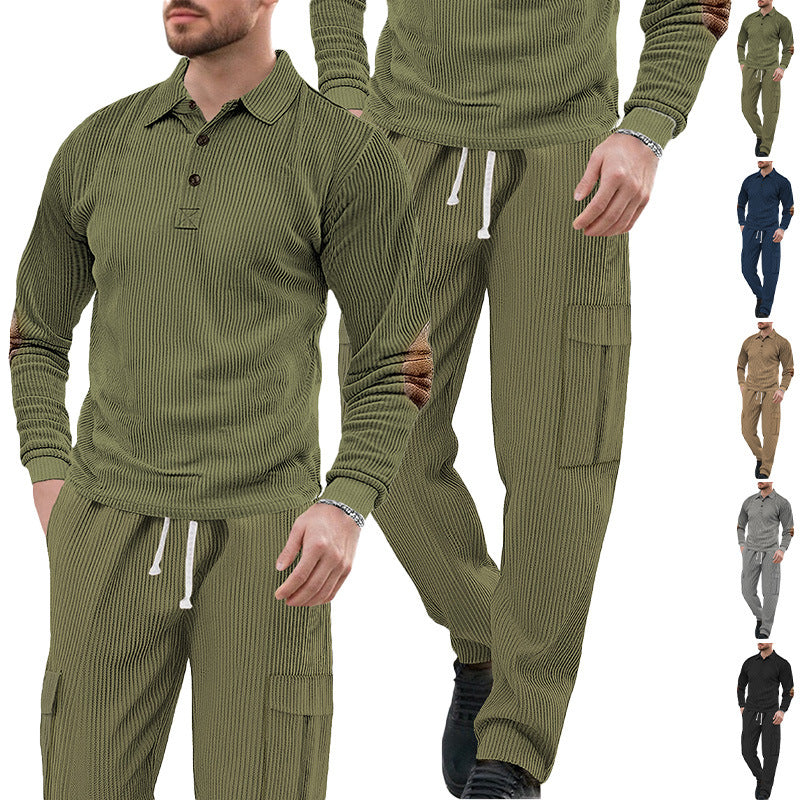 Herren nan geripptes Lounge-Set mit Polokragen Ellenbogenpatches und Cargohose R&B
