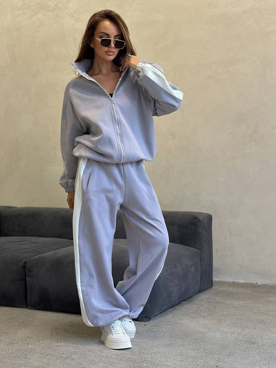 Damen sportliches Fleece-Set mit Stehkragen und seitlichen Kontraststreifen R&B