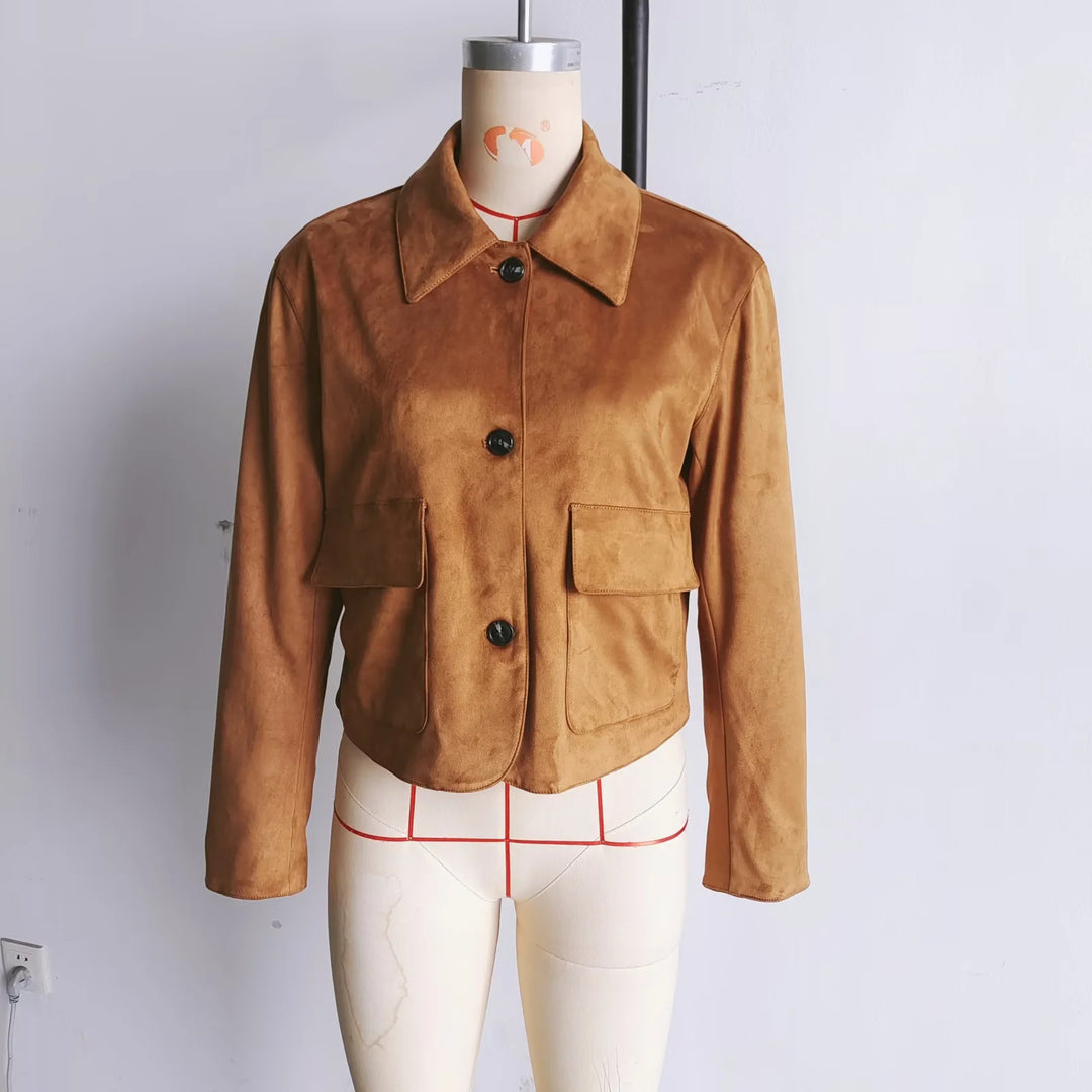 Damen modische Kurzjacke aus hochwertigem Wildlederimitat mit praktischen Taschen R&B