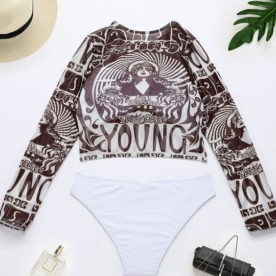 Damen Sportlicher Crop-Top mit langem Arm und eleganten Print R&B