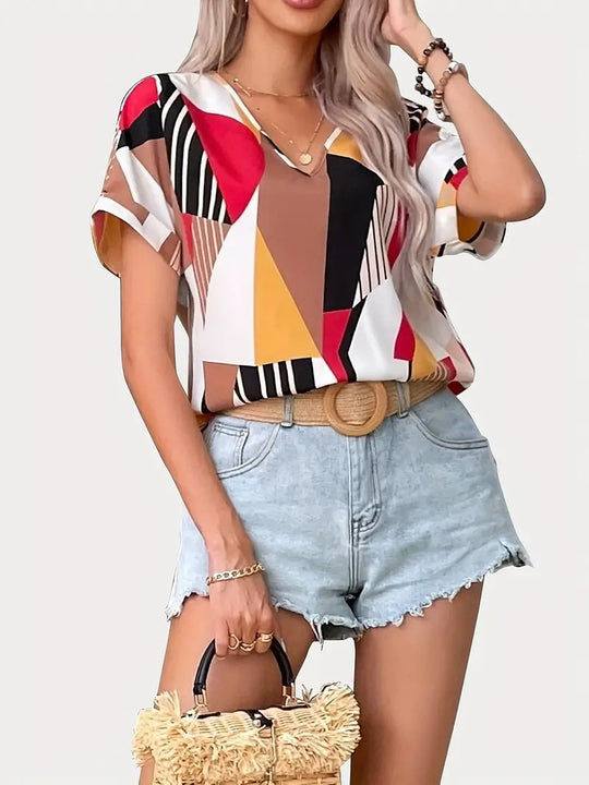 Damen V-Ausschnitt T-Shirt mit geometrischem Muster R&B