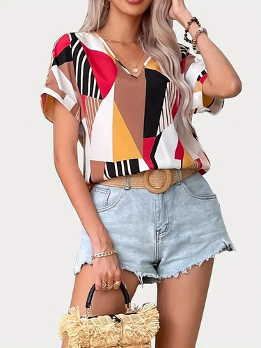 Damen V-Ausschnitt T-Shirt mit geometrischem Muster R&B
