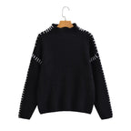 Damen nan Grobstrick-Oversize-Pullover mit hoher Rollkragenkante und Zierstich-Ärmeln R&B