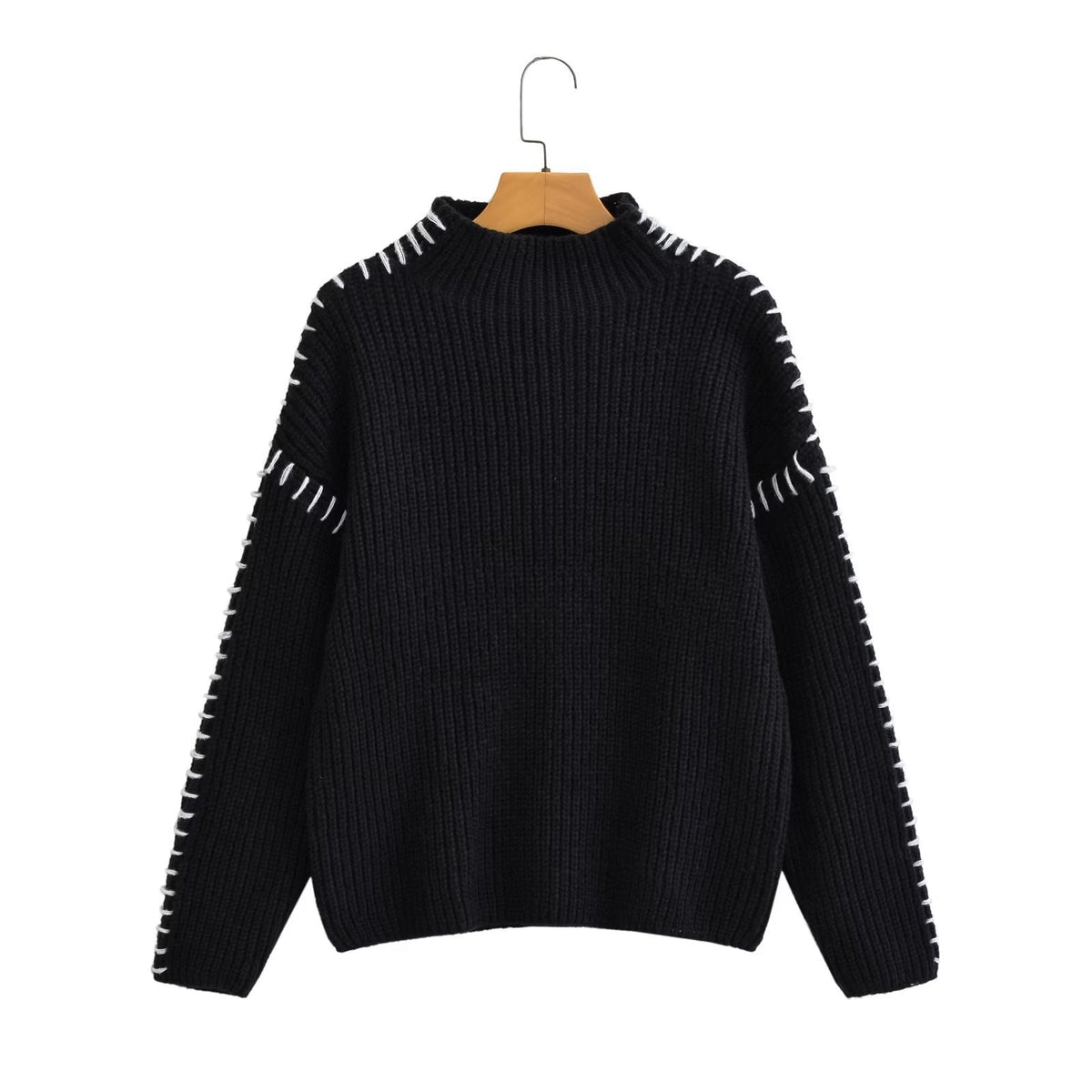 Damen nan Grobstrick-Oversize-Pullover mit hoher Rollkragenkante und Zierstich-Ärmeln R&B