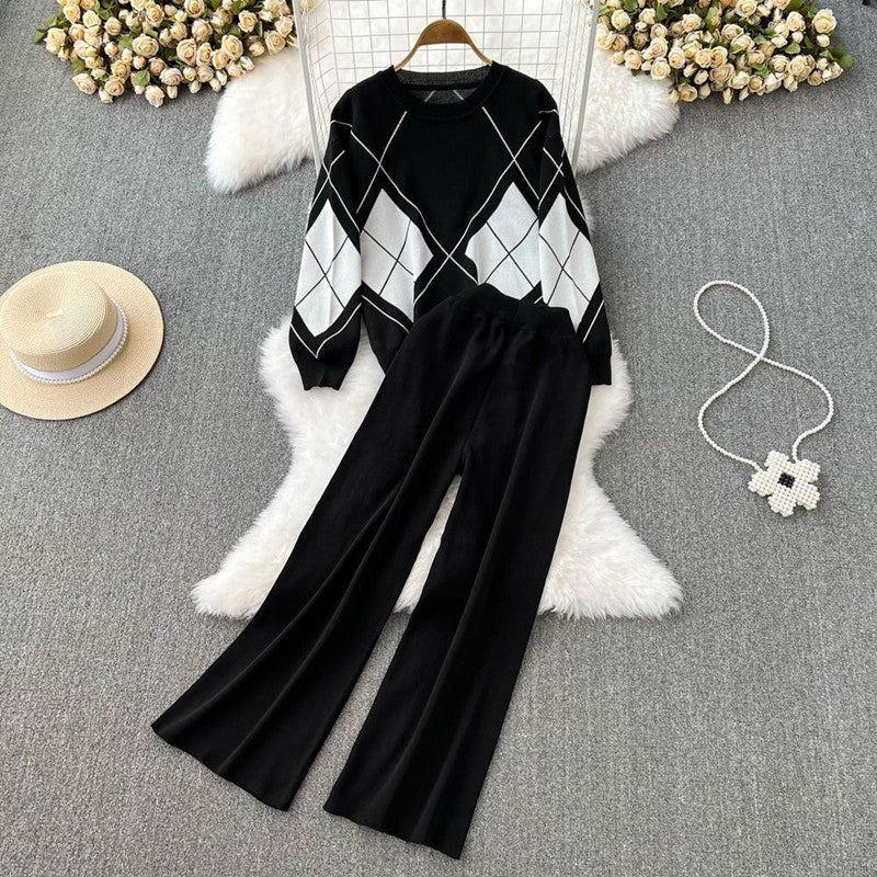Damen elegantes Strick-Loungewear-Set mit Rautenmuster und weitem Bein R&B