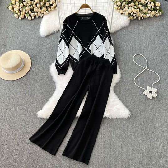 Damen elegantes Strick-Loungewear-Set mit Rautenmuster und weitem Bein R&B