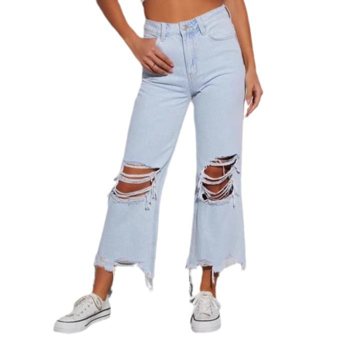 Damen lässige Boyfriend Jeans mit auffälligen Destroyed-Details und weitem Bein R&B