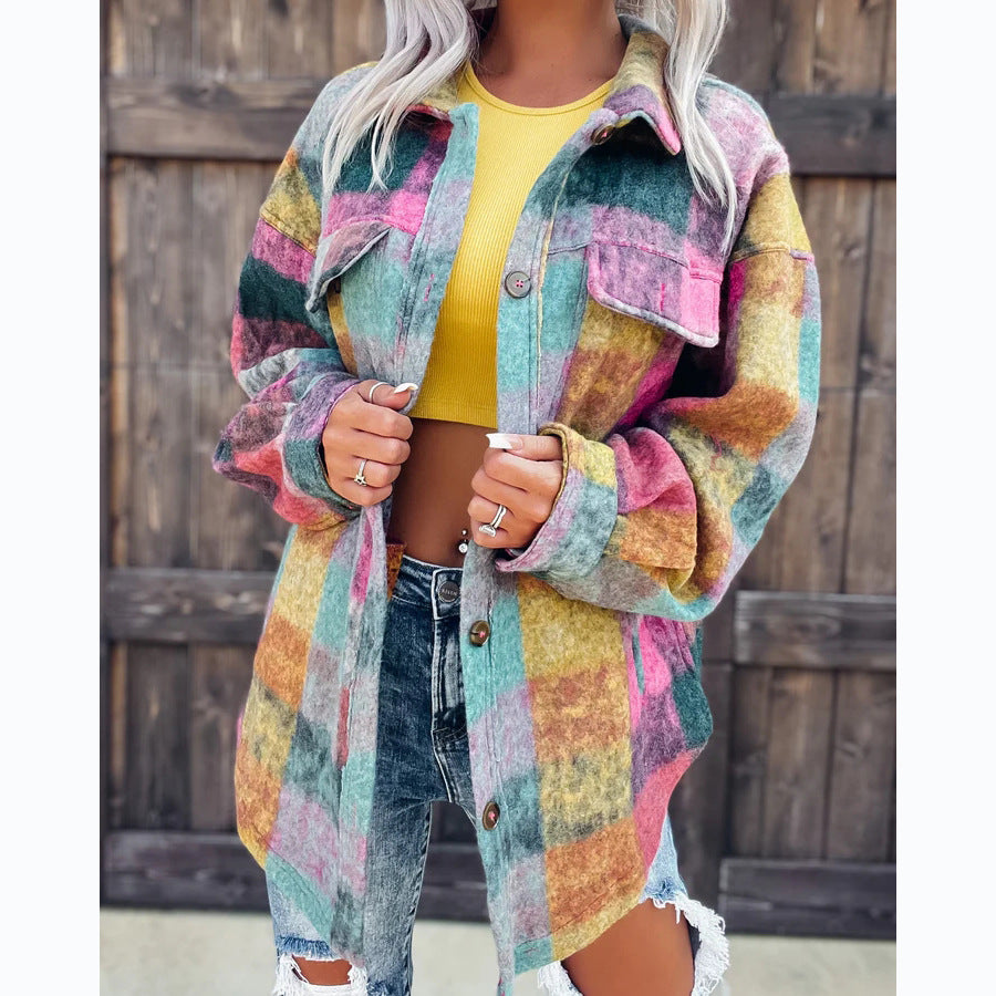 Damen Karo Oversize-Hemdjacke aus weichem Wollmaterial mit praktischen Taschen R&B