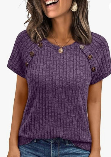 Damen lässiges Rippenstrick-T-Shirt mit Knöpfen R&B