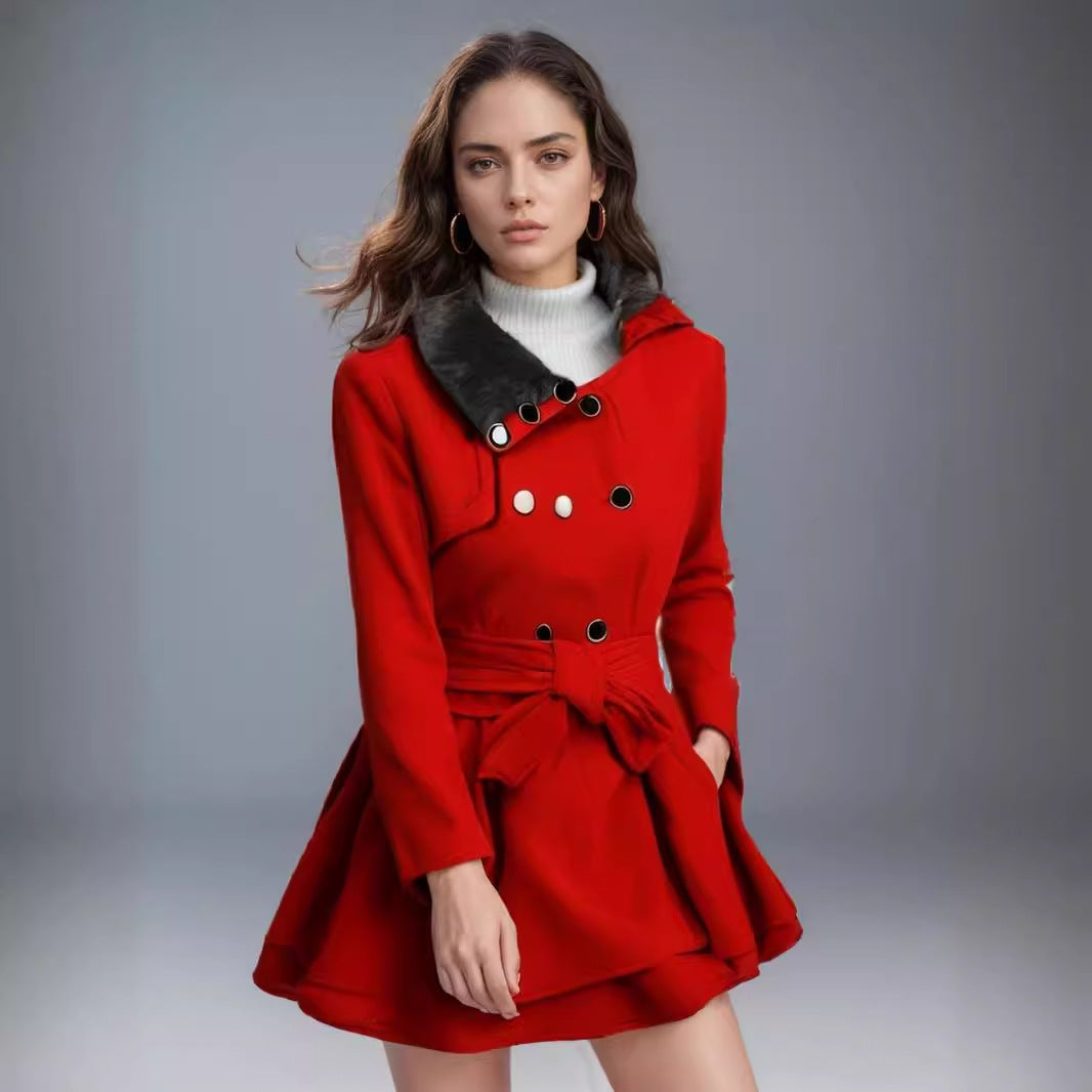 Damen klassischer Mantel mit elegantem Kragen und abnehmbarer Kapuze R&B