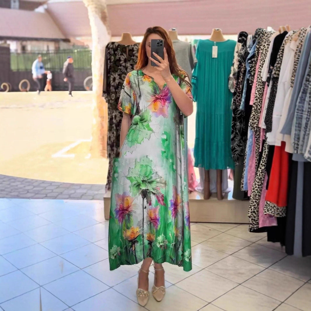 Damen nan fließendes Maxi-Kaftankleid mit V-Ausschnitt und großflächigem Aquarell-Blumenprint R&B