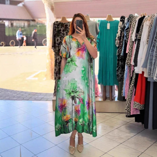 Damen nan fließendes Maxi-Kaftankleid mit V-Ausschnitt und großflächigem Aquarell-Blumenprint R&B