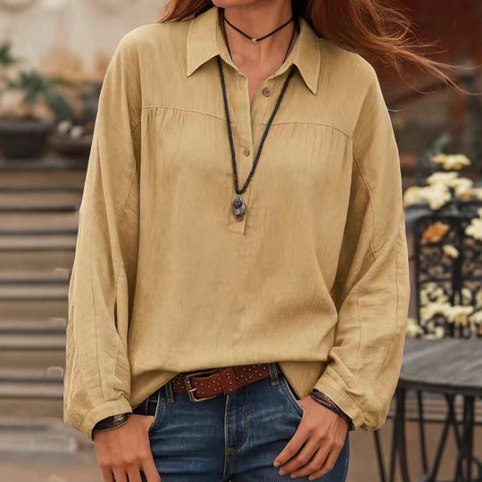 Damen Bluse mit lässigem V-Ausschnitt und elastischen Ärmeln R&B