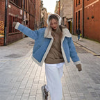 Damen modische Denimjacke mit Fellkragen und oversized Schnitt R&B