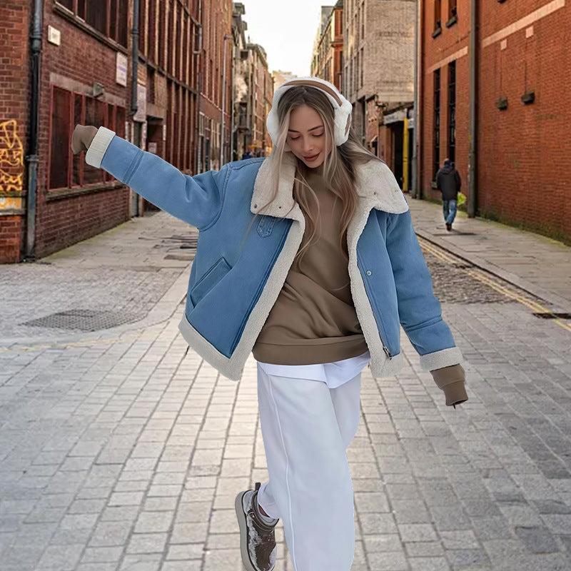 Damen modische Denimjacke mit Fellkragen und oversized Schnitt R&B